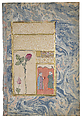 "Two Nightingales in a Rose Bush", Double-Sided Illustrated Leaf from an Ottoman Album, &#39;Abdullah Bukhari (Turkish, active ca. 1725–50s), Opaque watercolor with black ink, shell, and gold leaf on paper, with a marbled paper margin